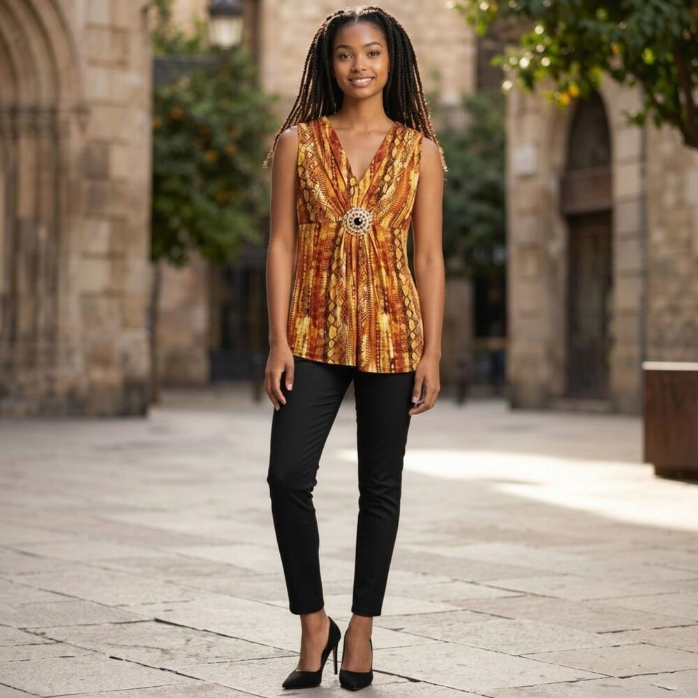 Peter Nygard Sleeveless V-Neck Blouse Gold Tribal Print Womens M medium Top